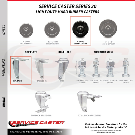 Service Caster 4 Inch Hard Rubber Wheel Rigid Top Plate Caster SCC-20R414-HRS-TP3